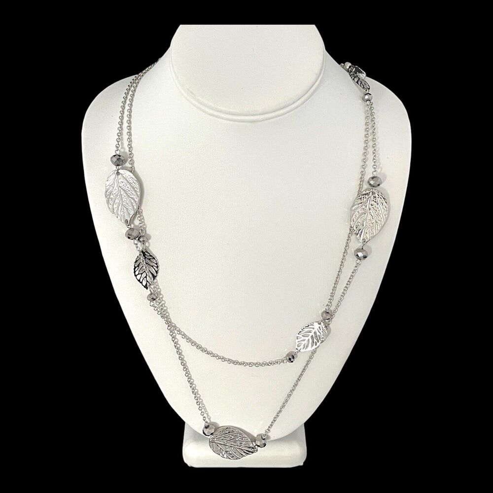 New Multi Strand Necklace Silver Tone Leaf Design Hematite Faceted Beads - 3X